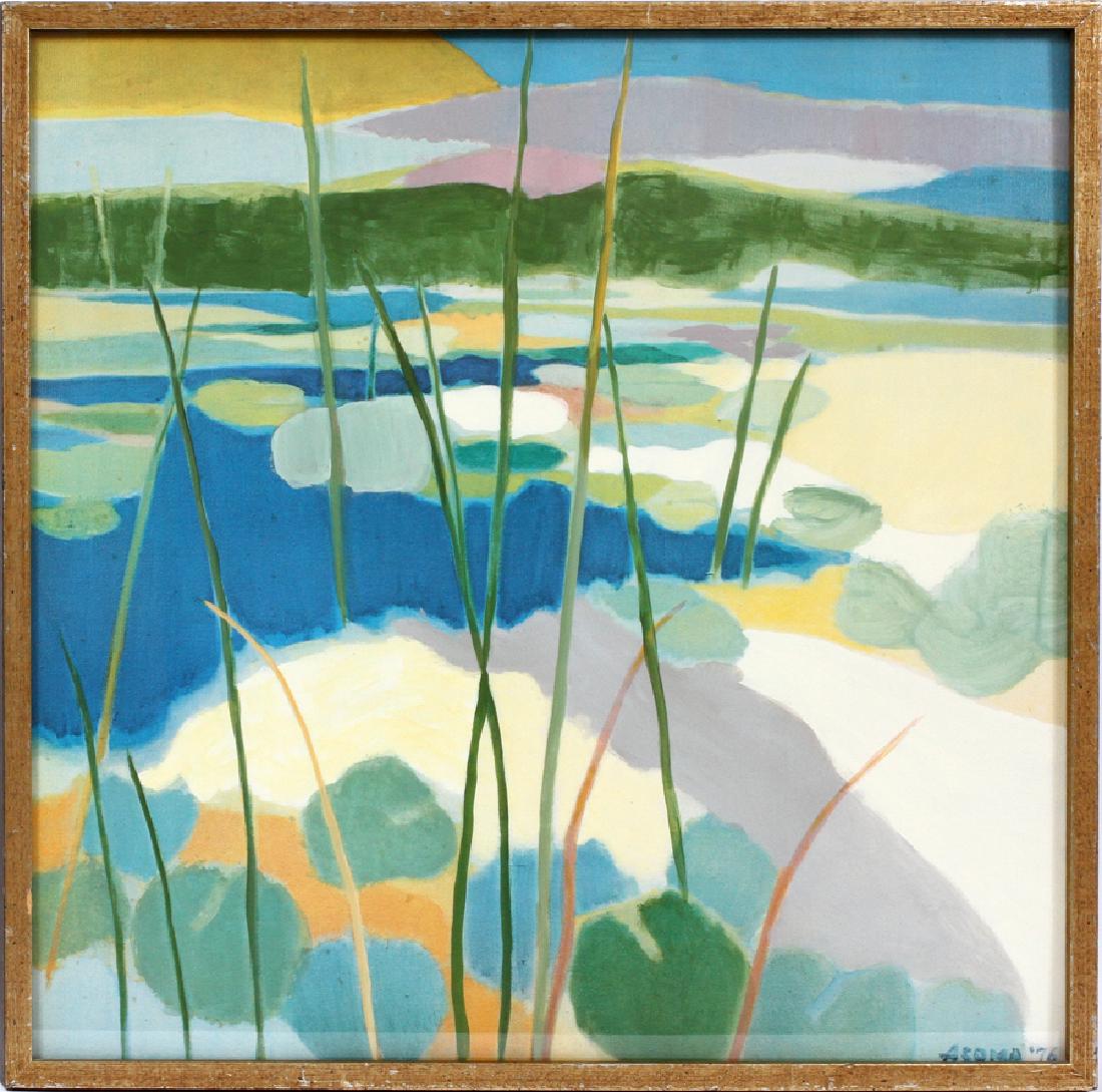 TADASHI ASOMA, OIL OVER LITHOGRAPHY: TADASHI ASOMA (USA/JAPANESE, B.1923), OIL OVER LITHOGRAPHY, H 28", W 28" :Framed under glass; signed and dated in the lower left corner 'Asoma '76'. Spurious gallery label at the reverse.