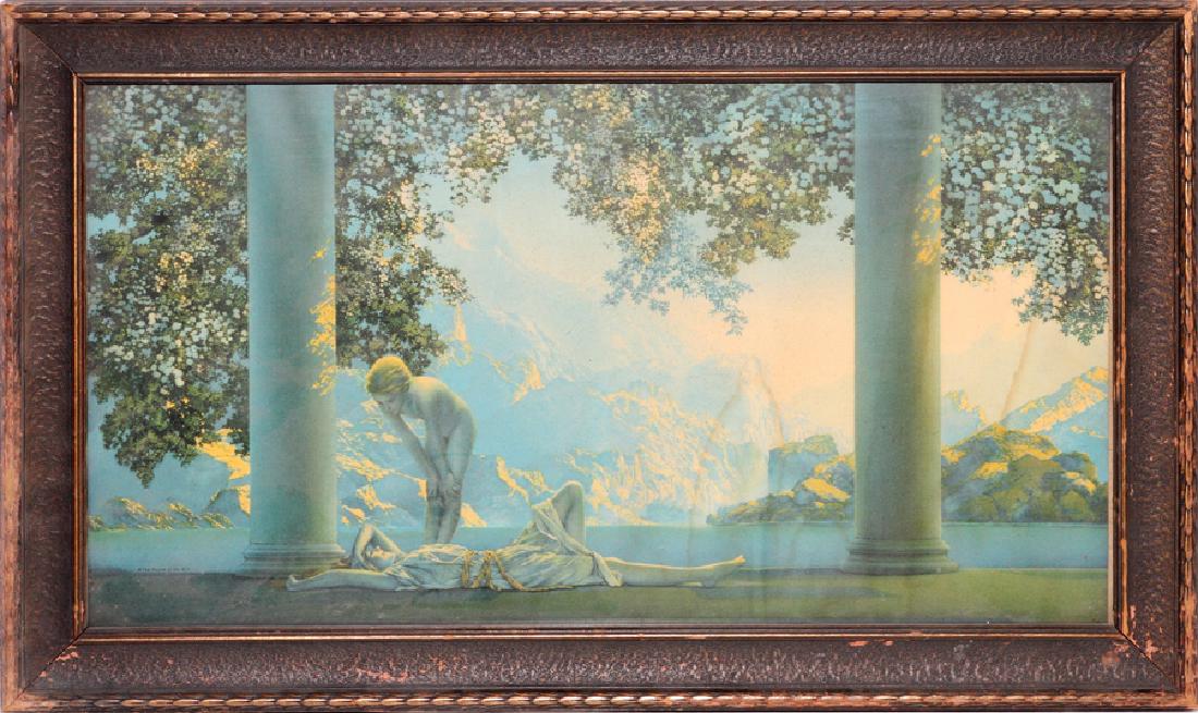AFTER MAXFIELD PARRISH, PRINT H 9 1/2", W 17": AFTER MAXFIELD PARRISH (AMER. 1870-1966), PRINT, TWO NYMPHS ON TERRACE, H 9 1/2", W 17":CLASSICAL SETTING DEPICTING TWO NYMPHS ON A TERRACE WITH PILLARS, FRAMED.