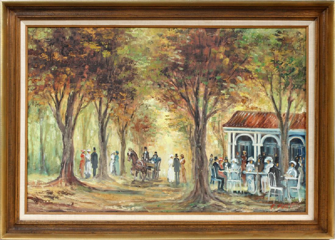 P. MARAIS, OIL ON CANVAS, H 24", W 36": P. MARAIS (VIENNESE, 20TH C.), OIL ON CANVAS, H 24", W 36" :A WOODED SETTING WITH CAFE AND EDWARDIAN STYLE FIGURES DINING; SIGNED LOWER RIGHT, IN A CONTEMPORARY GILT WOOD FRAME WITH LINEN LINER.