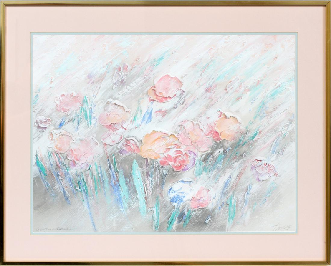SIGNED ANDRE, ACRYLIC ON CANVAS, H 24", W 30": SIGNED ANDRE, ACRYLIC ON CANVAS, H 24.5", W 30.25", "ABSTRACT FLORAL" :Depicting a flower bouquet. Signed lower right and titled lower left. Matted and framed under acrylic.