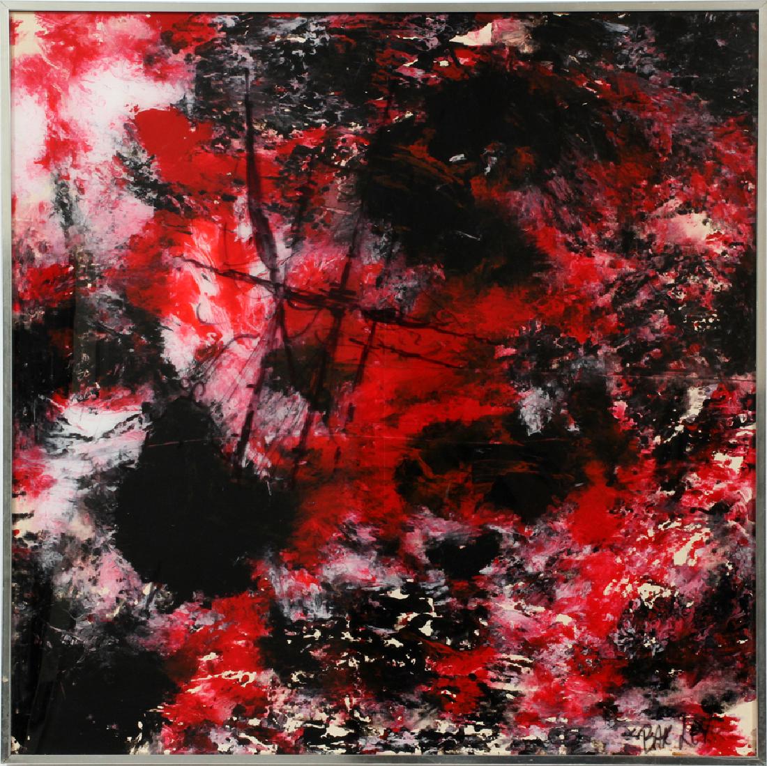BAKLEY, OIL PAINTING, H 30" W 30": BAKLEY, OIL PAINTING FIRE AND WATER H 30" W 30" :TITLED "FIRE AND ICE" ON VERSO, AN ABSTRACT IN RED AND BLACK, SIGNED LOWER RIGHT. PLATED METAL FRAME.