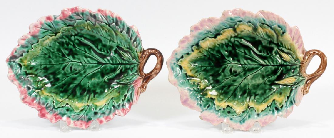 GRIFFEN, SMITH & HILL MAJOLICA POTTERY PLATES: GRIFFEN, SMITH & HILL MAJOLICA POTTERY PLATES, 19TH C., PAIR, H 2", W 12.5", D 9.5":A pair of Griffen, Smith & Hill earthenware Etruscan majolica plates, dating to the late 19th century. Each depicts 
