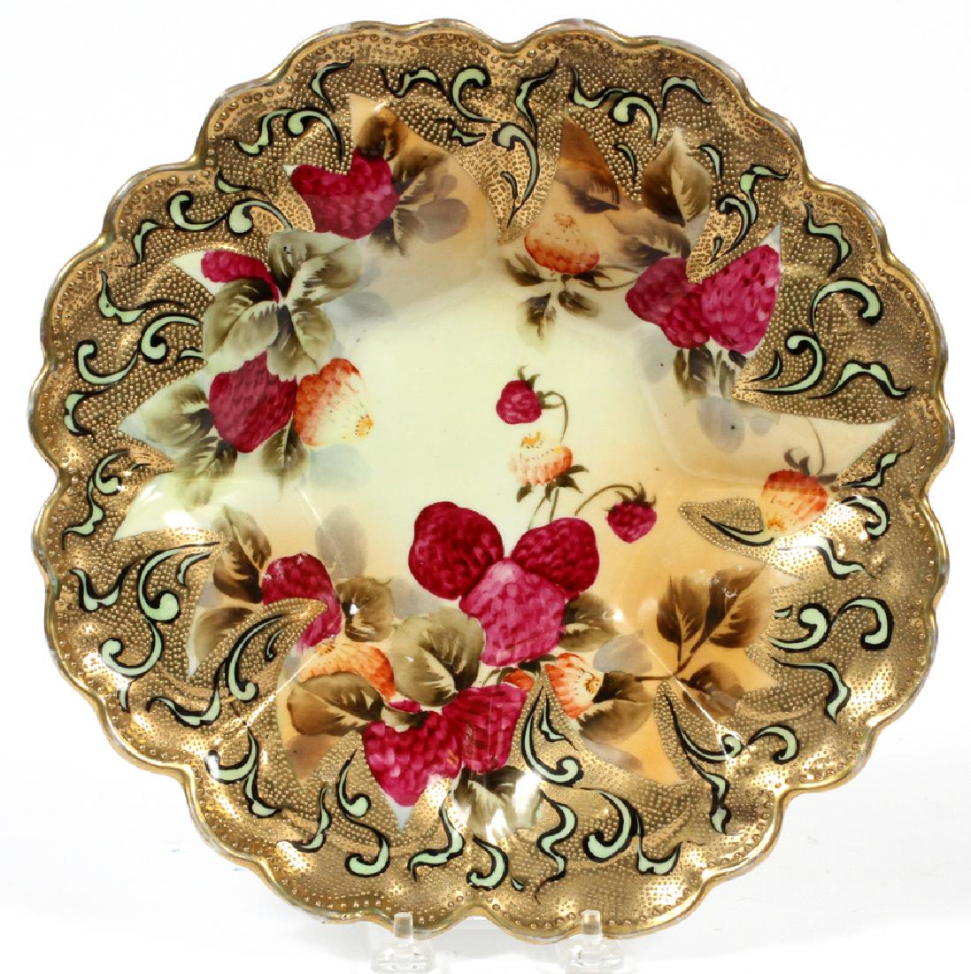NIPPON PORCELAIN CENTERPIECE, DIA 10 3/4": NIPPON PORCELAIN CENTERPIECE, CIRCA 1920, DIA 10 3/4" :Strawberry pattern. Fired gold and dimpled edge.