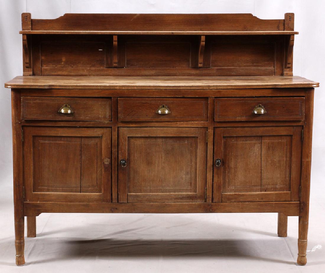 INDONESIAN STYLE SIDEBOARD: INDONESIAN STYLE SIDEBOARD, H 37.5", W 63", D 21":A rustic Indonesian style sideboard. Having a plank shelf and tabletop supported by three cabinets and three drawers.