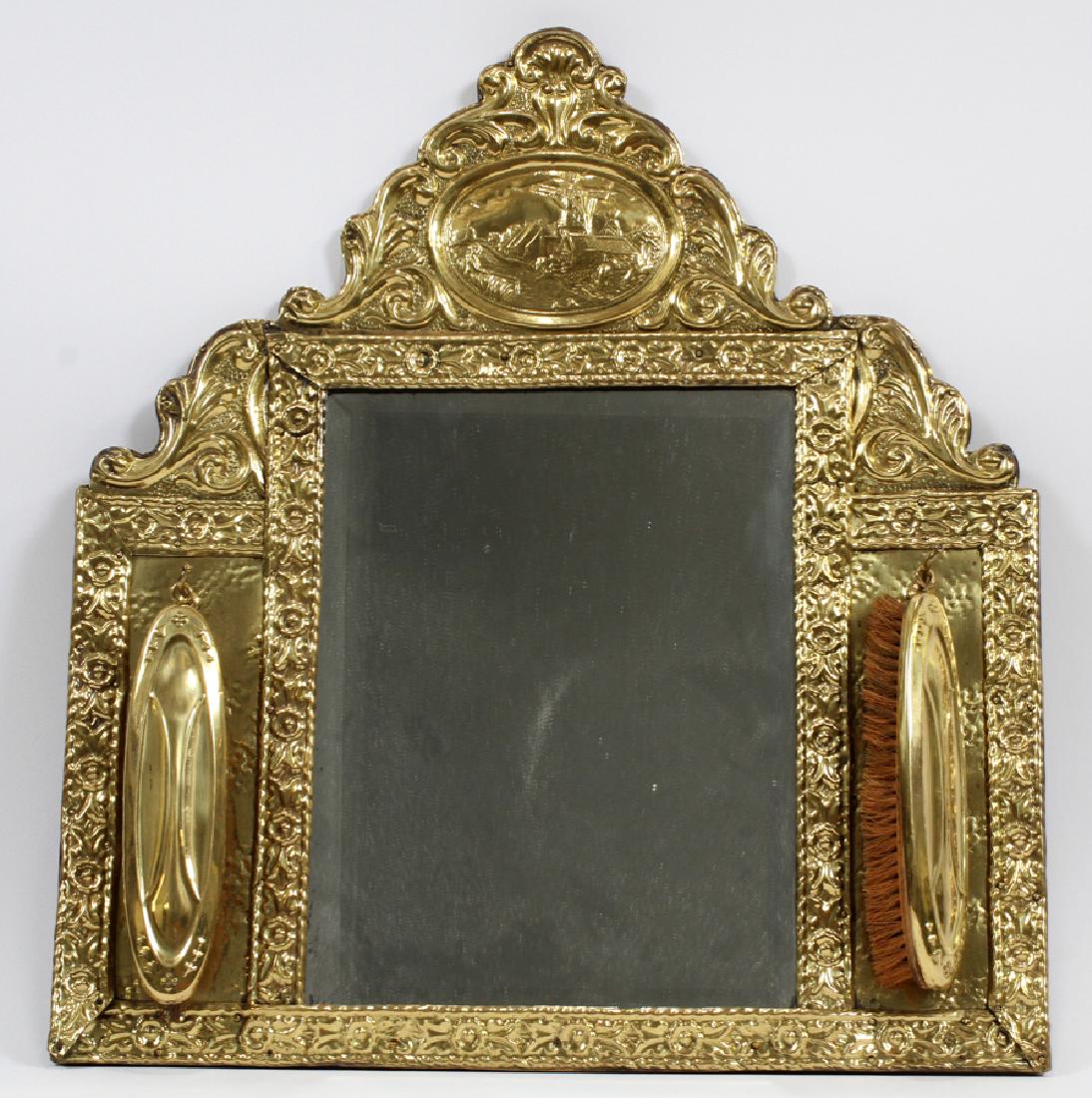 DUTCH, WOOD & BRASS CLAD, MIRROR & BRUSHES: DUTCH, ANTIQUE, WOOD AND BRASS CLAD, WALL MIRROR AND CLOTHES BRUSHES, 19TH C, 3 PCS., H 20", W 17", L 8" (BRUSHES) :A wood wall mirror clad in brass with a Dutch windmill scene at the crest. Acanthus