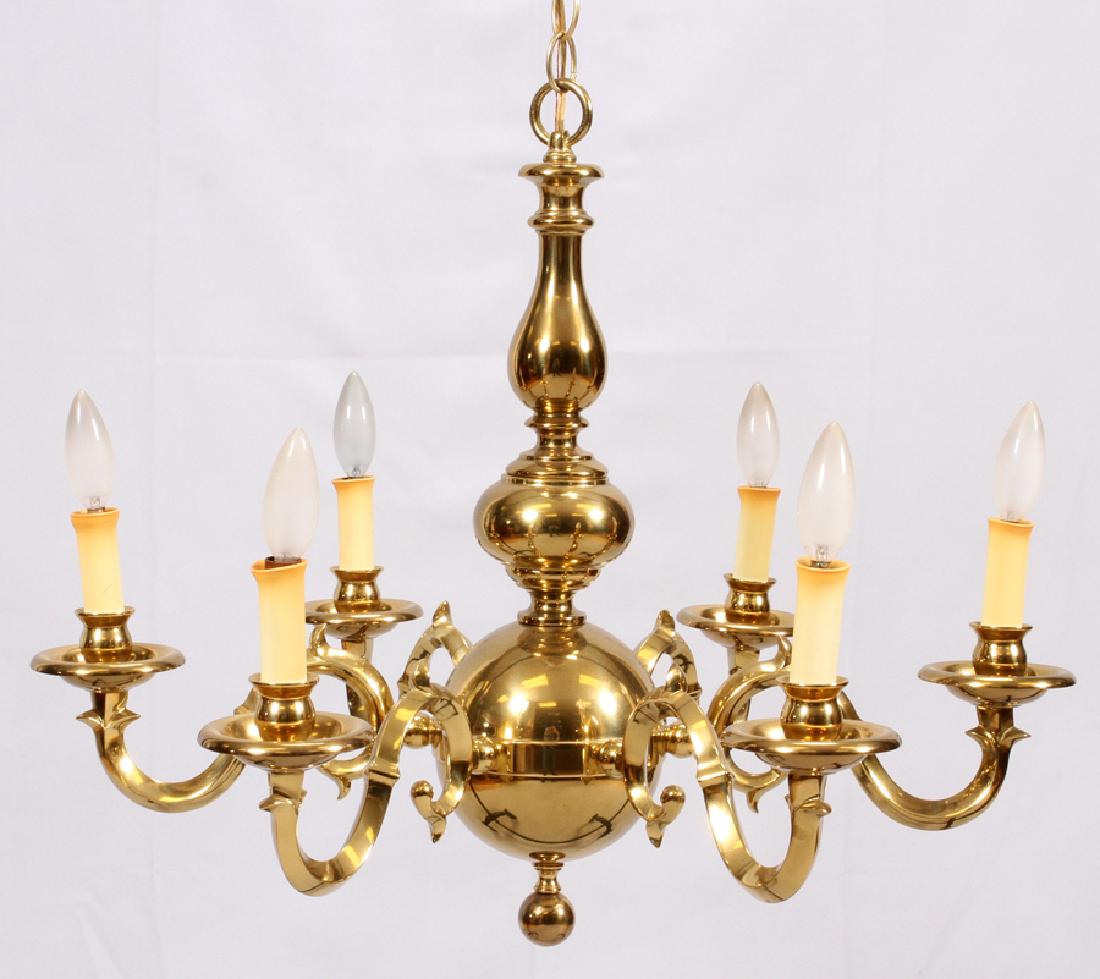 BRASS 6 LIGHT CHANDELIER, H 20", DIA 27": BRASS 6 LIGHT CHANDELIER, H 20", DIA 27" :SPINDLE AND SPHERE FORM SHAFT WITH SIX SCROLLING ARMS. SMALL SPHERICAL FINIAL AT BOTTOM.