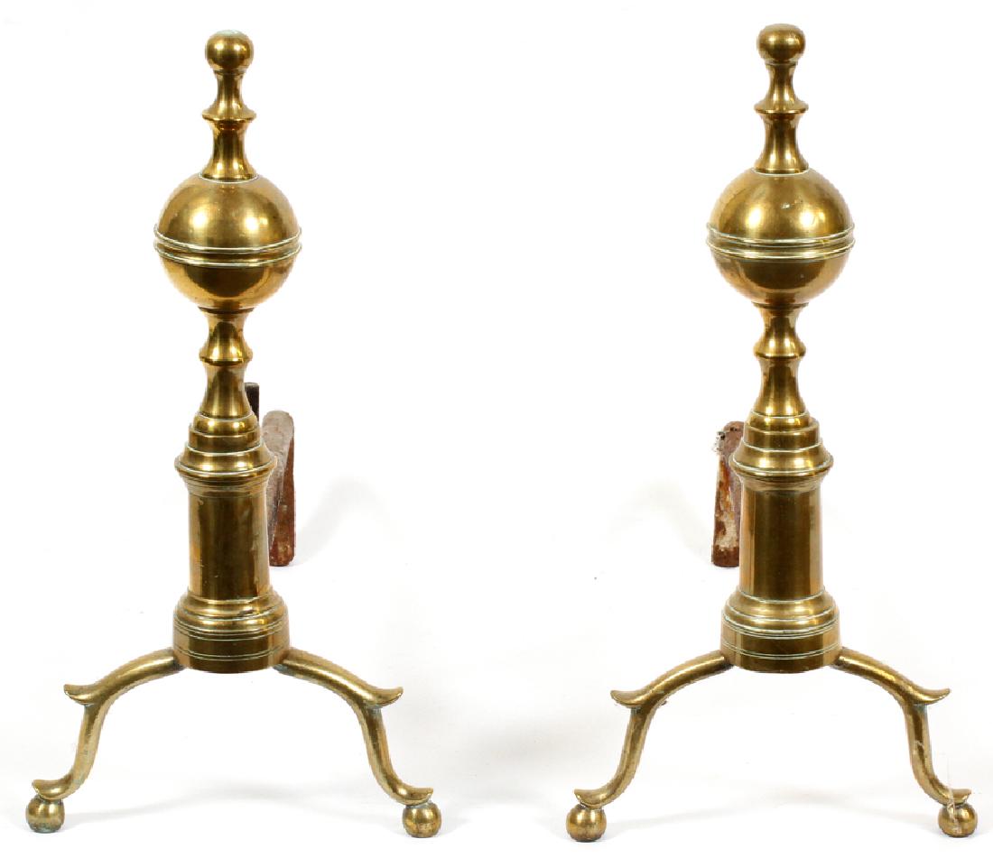AMERICAN CAST BRASS STEEPLE-TOP ANDIRONS: AMERICAN CAST BRASS STEEPLE-TOP ANDIRONS, EARLY 19TH C., PAIR, H 17", W 8 1/4", D 18 1/2" (APPROX.) :Probably New York, early 19th century. The steeple tops on balls, resting on spurred legs ending in