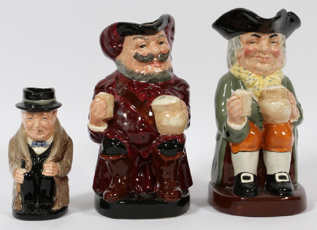 ROYAL DOULTON, PORCELAIN TOBY PITCHERS: ROYAL DOULTON, PORCELAIN TOBY PITCHERS, FALSTAFF, HAPPY JOHN & WINSTON CHURCHILL 3 PCS., H 5" - 9":Includes: Sir John Fallstaff, 9" H.; Happy John, 8 1/2" H.; Winston Churchill, 5".