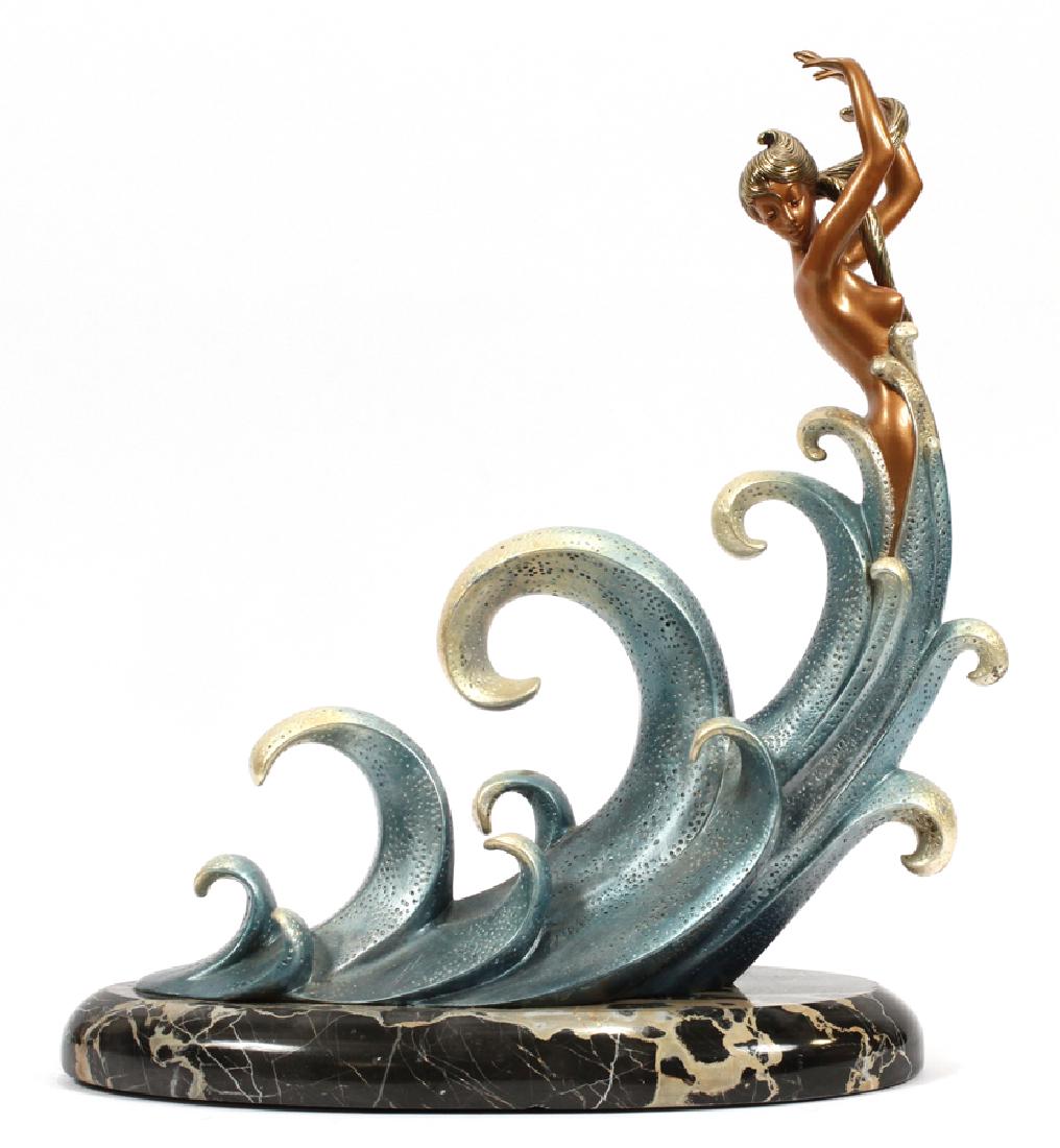 ERTE ROMAIN DE TIRTOFF BRONZE SCULPTURE: ERTE ROMAIN DE TIRTOFF (RUSSIAN, 1892-1990), BRONZE SCULPTURE, H 17", DIA 18", "THE WAVE" :A bronze sculpture by Romain de Tirtoff, known as "Erte" depicting a mermaid on waves of sculpted bronze. Tit