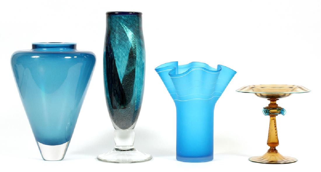ART GLASS SIGNED YOUNG & CONSTANTINE, ETC.: ART GLASS SIGNED YOUNG & CONSTANTINE, ETC. VENETIAN, DICHROIC, ETC, 4:Includes three vases in shades of blue glass H 11 1/2", 14 3/8", 9 3/8", DIA 8 1/2", 5 1/2", 8", and a compote of amber color glas