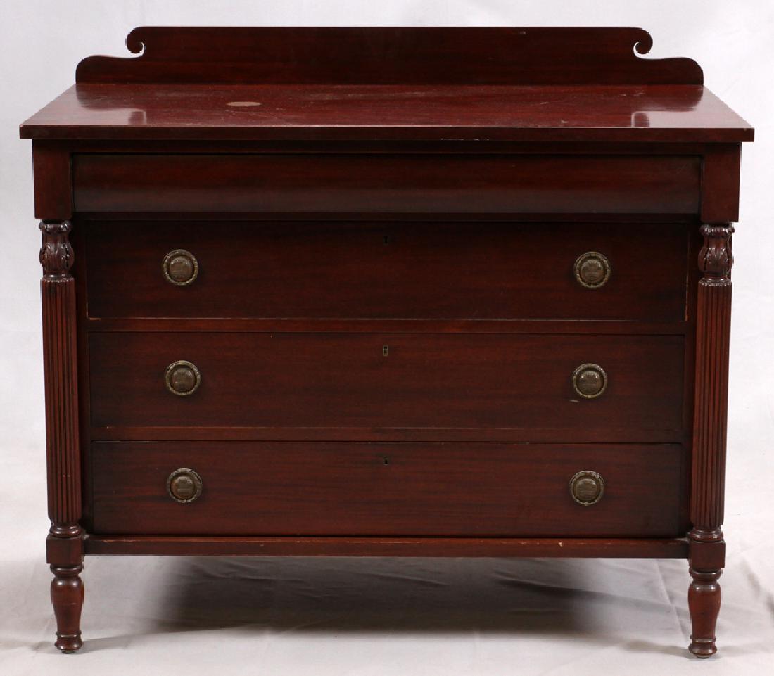A.H. DAVENPORT COMPANY MAHOGANY CHEST OF DRAWERS: IRVING AND CASSON, A.H. DAVENPORT COMPANY, FEDERAL STYLE, MAHOGANY CHEST OF DRAWERS, H 3' 3", W 3' 9", D 2' :Three drawers with graduating brass pull handles. Fluted columns with acanthus leaf design.