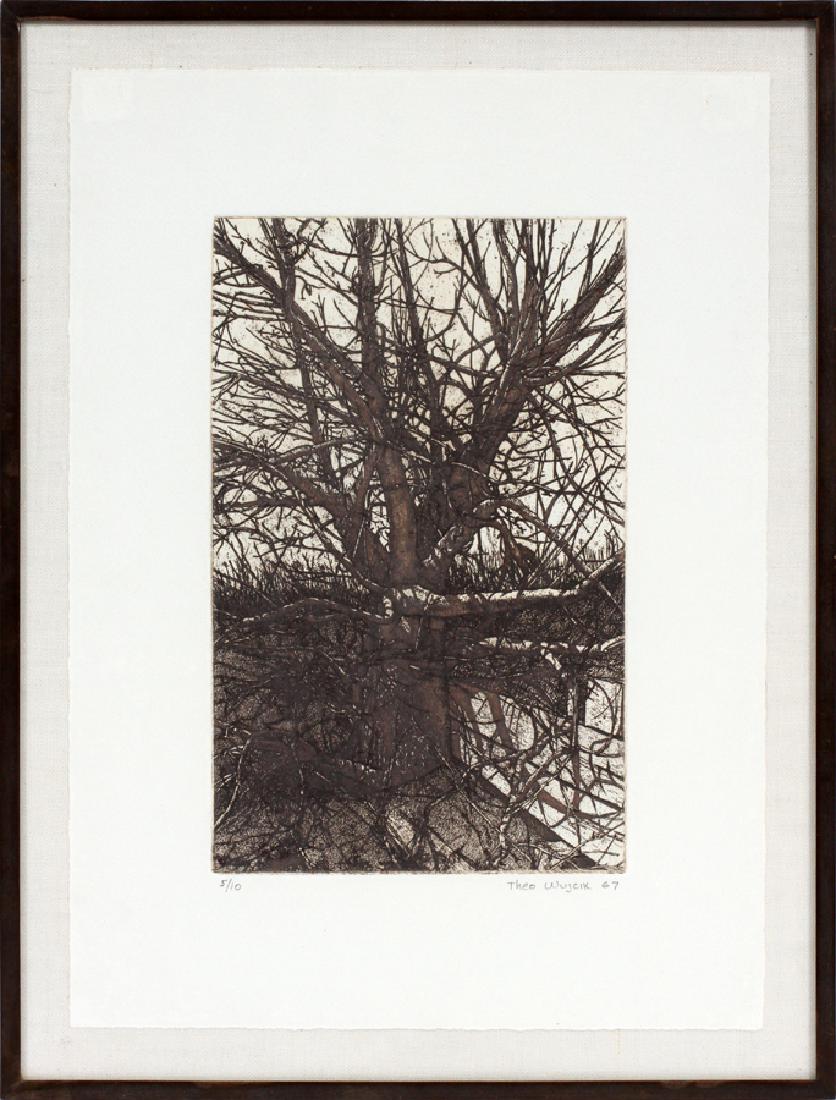 THEO WUJCIK ETCHING ON PAPER, #5/10, 1967: THEO WUJCIK (AMER. B. 1936), ETCHING ON PAPER, #5/10, 1967, H 10", W 6", DORMANT TREE :#5/10. Framed size H 16 1/2", W 12 1/2".