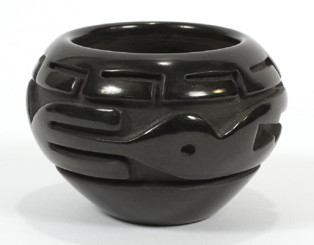 VICKEE MARTINEZ SANTA CLARA PUEBLO POTTERY BOWL: VICKEE MARTINEZ (B. 1967), SANTA CLARA PUEBLO, BLACK ON BLACK POTTERY BOWL, DIA 4" :A Santa Clara pottery bowl by Vickee Martinez, daughter of the famous Santa Clara Pueblo artist Maria Martinez. Havi
