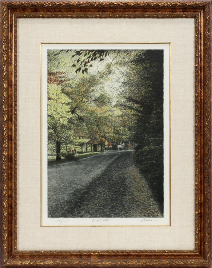 HAROLD ALTMAN COLORED LITHOGRAPH ON PAPER: HAROLD ALTMAN, 1924 - 03, COLORED LITHOGRAPH ON PAPER, H 25", W 18", "BRIDLE PARK" :Depicts a treed street scene with riders on horseback and bicycles. Numbered 281/285. Framed and matted under glass.