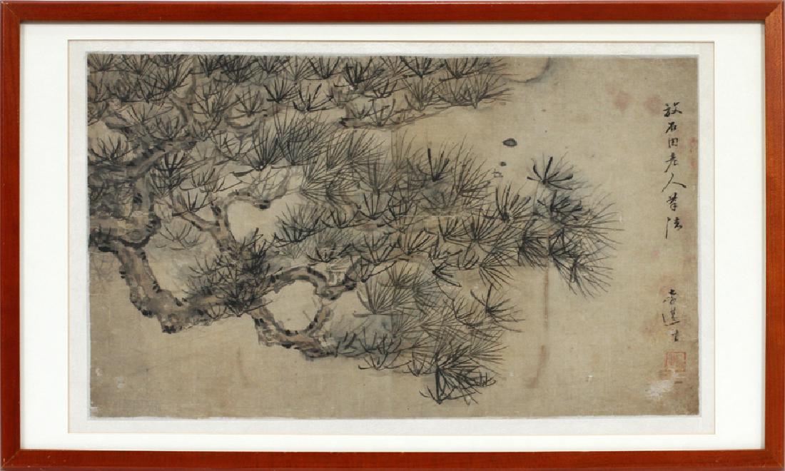 SHEN ZHOU AFTER SHI TIAN PAINTING ON SILK: SHEN ZHOU AFTER SHI TIAN, PAINTING ON SILK, AFTER MING DYNASTY, H 10 1/2", W 18" :Signed Shen Zhou on the right side. Frame size 13 3/4" H. x 23 1/4" W.