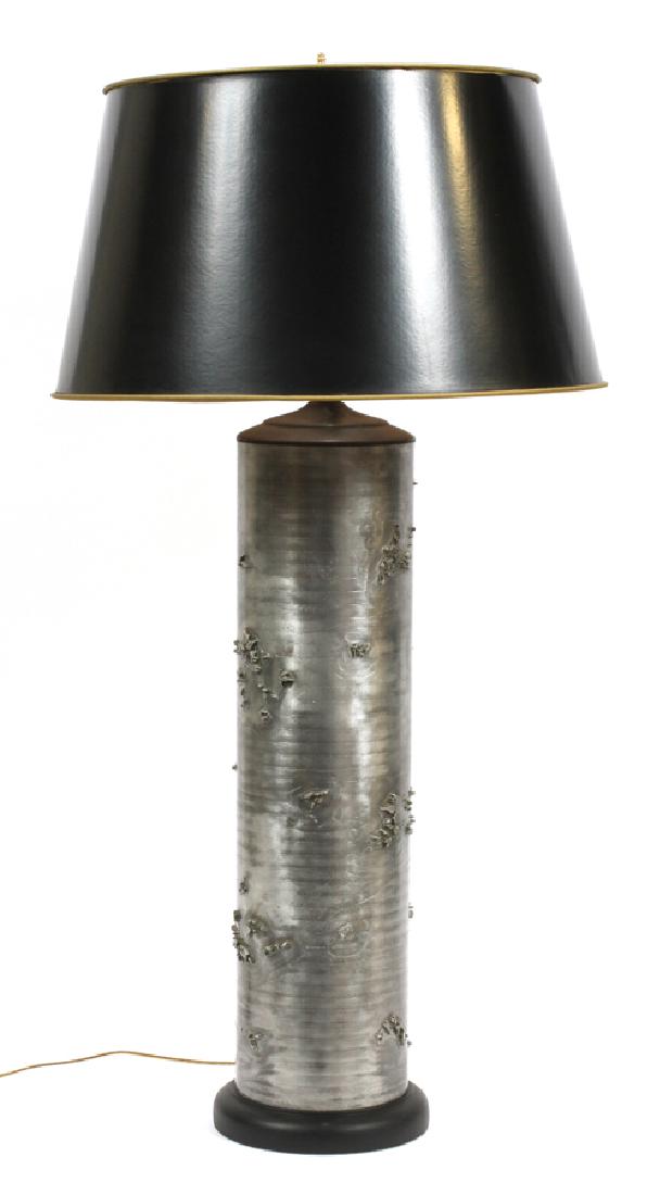 MODERN METAL TABLE LAMP, H 34", DIA 6": MODERN METAL TABLE LAMP, H 34", DIA 6" :Cylinder shape and contemporary design. Wood base with black paper shade. From the Estate of Wallace D.Riley, Grosse Pointe Farms.