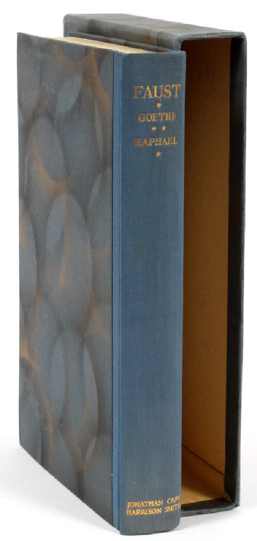 JOHANN WOLFGANG VON GOETHE LEATHER BOUND BOOK: JOHANN WOLFGANG VON GOETHE, LEATHER BOUND BOOK, WOODCUTS BY LYND WARD, AUTOGRAPHED 'ALICE RAPHAEL .#128/501 1930, 1ST-ED. (1) H 10" W 7" 'FAUST' :Autographed, Alice Raphael, Numbered #128 of 501, Firs