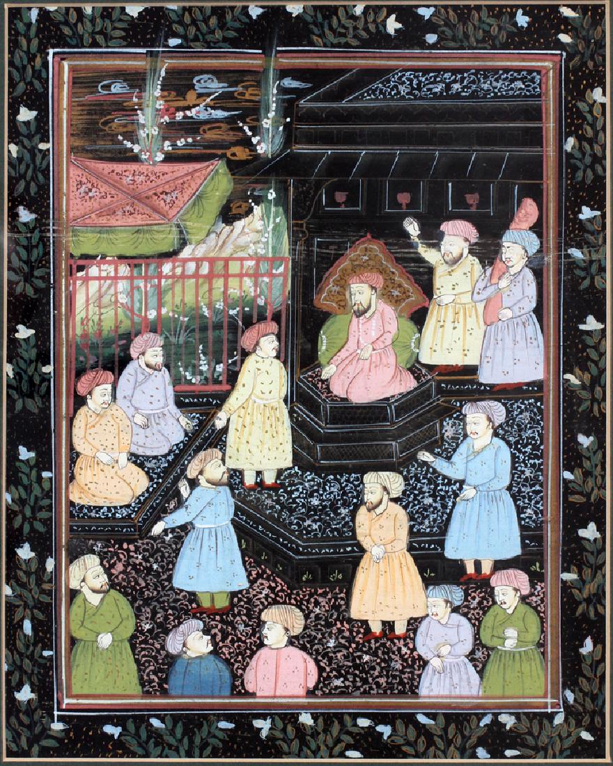 INDIAN MUGHAL-STYLE PAINTING ON SILK: INDIAN MUGHAL-STYLE PAINTING ON SILK, H 8", W 16", COURTYARD SCENE:DEPICTS A COURTYARD PALACE SCENE. FRAMED.