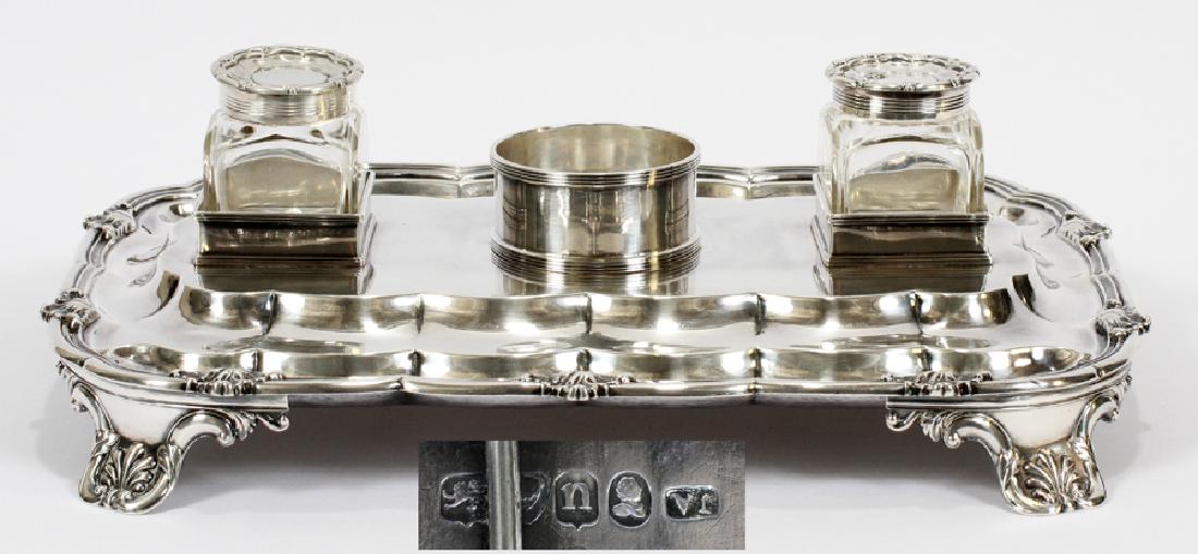 GEORGE IV, LONDON JOSEPH ANGELL STERLING DESK SET: GEORGE IV, LONDON, JOSEPH ANGELL, STERLING DESK SET, 1828 W 14" :George IV English Sterling desk set, dated 1828, made by Joseph Angell I. The set includes: 2 crystal ink pots, The tray has a scallope