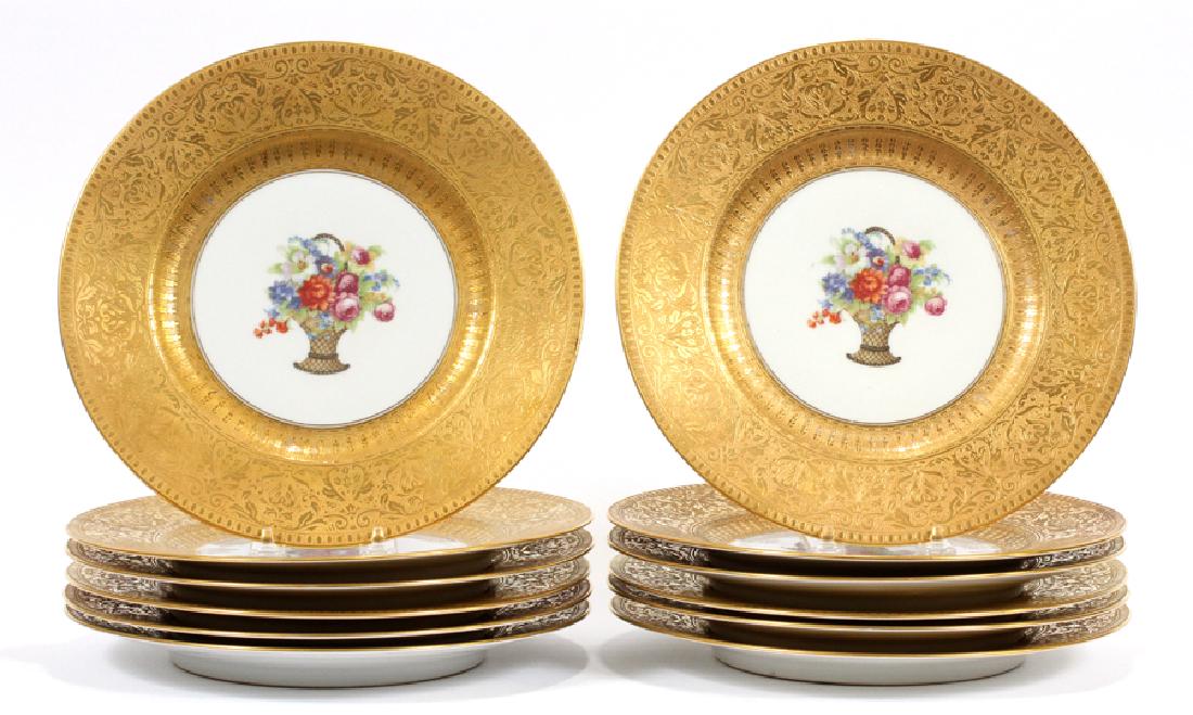 HUTSCHENREUTHER BAVARIA, SERVICE PLATES, 12 PCS: HUTSCHENREUTHER BAVARIA, SERVICE PLATES, 12 PCS DIA 11" :Having a wide gold band. From the estate of Nena Dahling, Grosse Pointe Shores.