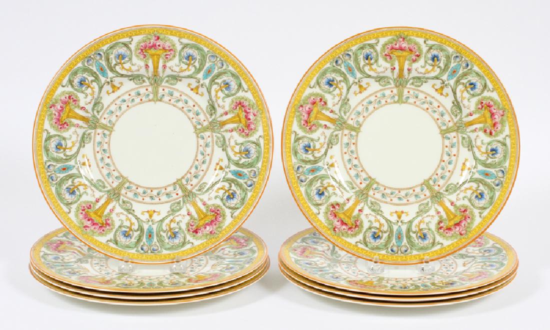 ROYAL WORCESTER, Z698/2 DINNER PLATES, C. 1930: ROYAL WORCESTER, Z698/2 DINNER PLATES, C. 1930, 8 PCS DIA 10 1/2" :#698/2, yellow and orange urn roses. From the estate of Nena Dahling, Grosse Pointe Shores.