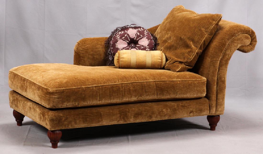 BAKER FURNITURE CHAISE LOUNGE, H 31", W 87", D 32": BAKER FURNITURE CHAISE LOUNGE, H 31", W 87", D 32":A chaise lounge from Milling Road, a division of Baker Furniture. Upholstered in an ochre tone textured fabric and accompanied by three pillows. Bran