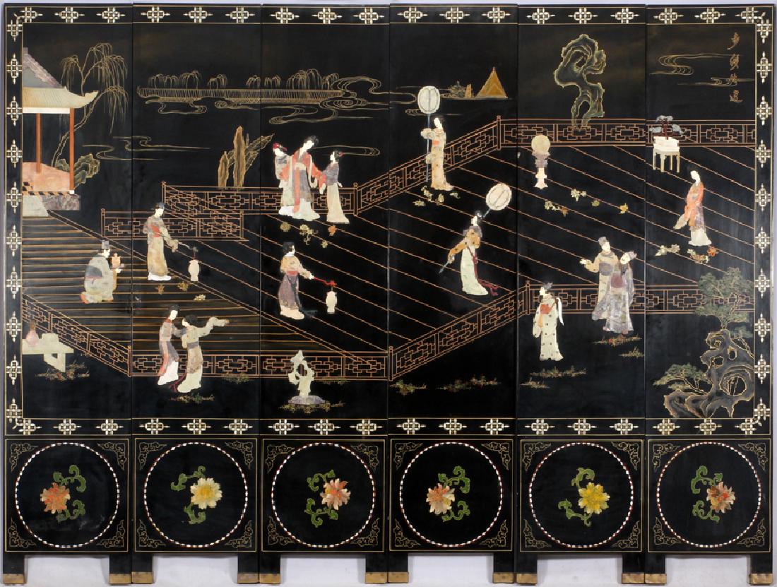 CHINESE SIX-PANEL COROMANDEL SCREEN, H 72", L 96": CHINESE SIX-PANEL COROMANDEL SCREEN, H 72", L 96":FEATURING EBONIZED WOOD AND HARD STONE DECORATIONS DEPICTING MALE AND FEMALE FIGURES.