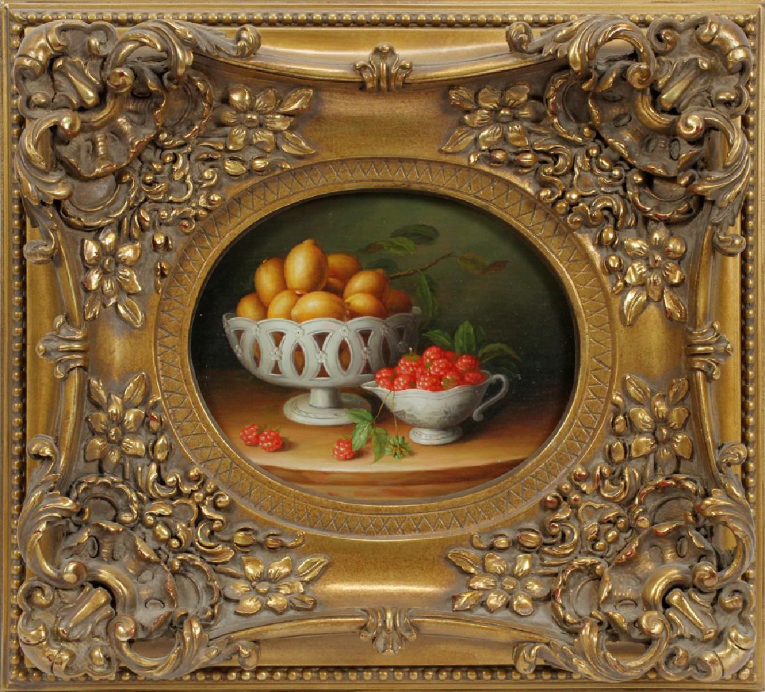 T. HELEMAN OIL ON BOARD, STILL LIFE OF FRUIT: T. HELEMAN OIL ON BOARD, STILL LIFE OF FRUIT, H 8" W 10" :Depicting a still life of lemons and raspberries. From the Karner estate.