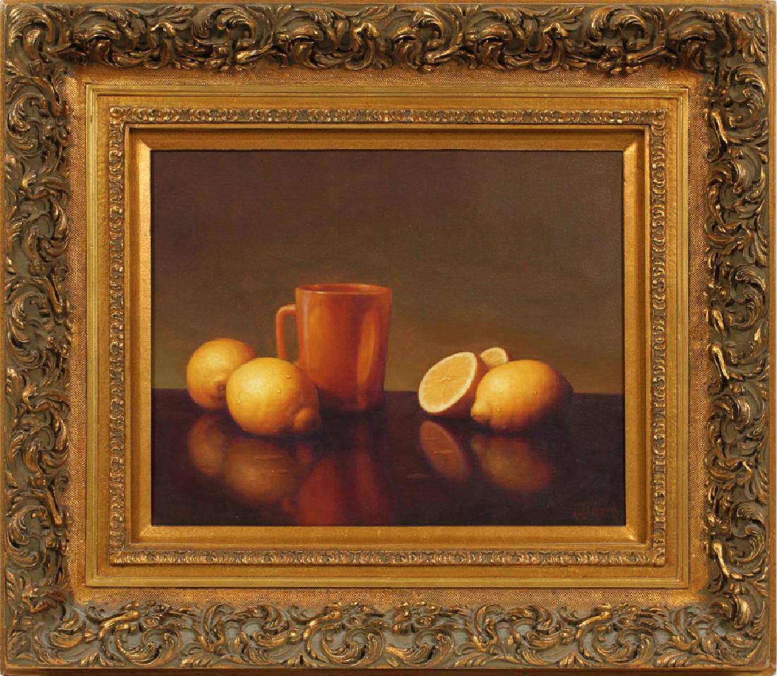 A. JACKSON OIL ON CANVAS, STILL LIFE H 17" W 21": A. JACKSON OIL ON CANVAS, STILL LIFE H 17" W 21" :Depicting a still life of lemons with a mug. From the Karner estate.