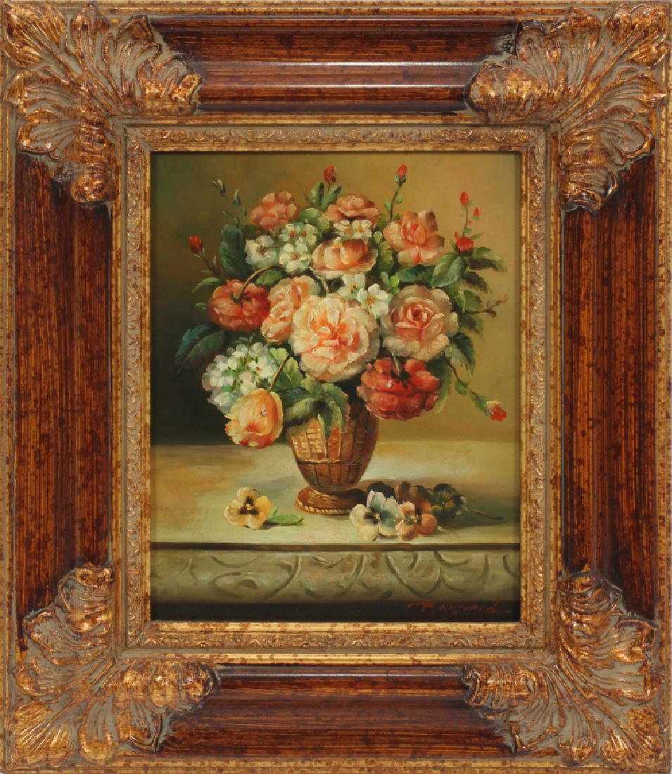 BERNARD, OIL ON BOARD, FLORAL STILL LIFE: BERNARD, OIL ON BOARD, FLORAL STILL LIFE, H 10" W 8" :Contemporary painting depicting a floral still life. From the Karner estate.