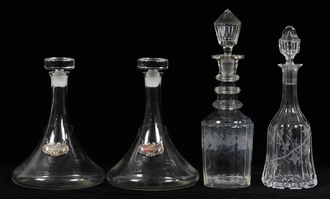 ANTIQUE CRYSTAL DECANTER & 3 OTHERS, FOUR: ANTIQUE CRYSTAL DECANTER & 3 OTHERS, FOUR H 9 3/4", 12 1/2" AND 14" :Two with sheffield plate labels "Port" and "Sherry". From the estate of Nena Dahling, Grosse Pointe Shores.