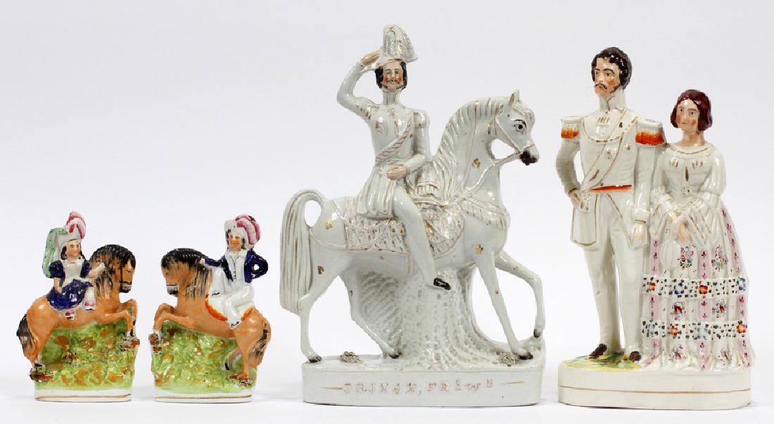 STAFFORDSHIRE, FIGURES, 19TH C., 4 PCS: STAFFORDSHIRE, FIGURES, 19TH C., 4 PCS H 6 1/2" - 13 1/2" :Includes: Prince Albert on horseback, Princess Royal and Prince Frederick William of Prussia, and a pair of Scottish figures on horseback. Fr