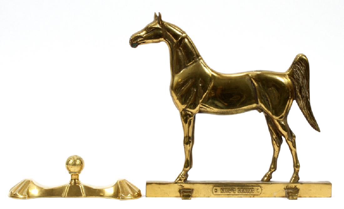 BRASS DOORSTOPS: KING'S GENIUS AND ANOTHER 2 PCS: BRASS DOORSTOPS: KING'S GENIUS AND ANOTHER 2 PCS H 2 1/2"-11 1/2" W 8 1/2"-11 3/4" :Includes: "Fan and ball" brass door stop and a horse door stop, "Kings Genius", by Rife - Loth, Waynesboro, Va. From