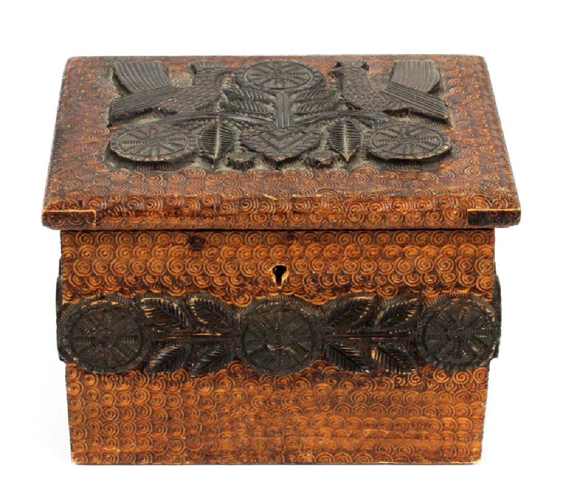 TRAMP ART WOOD BOX C. 1875 H 4.25" W 6.25" D 5": TRAMP ART WOOD BOX C. 1875 H 4.25" W 6.25" D 5" :A tramp art wood box. Hand carved. Having a motif of hens and foliage.
