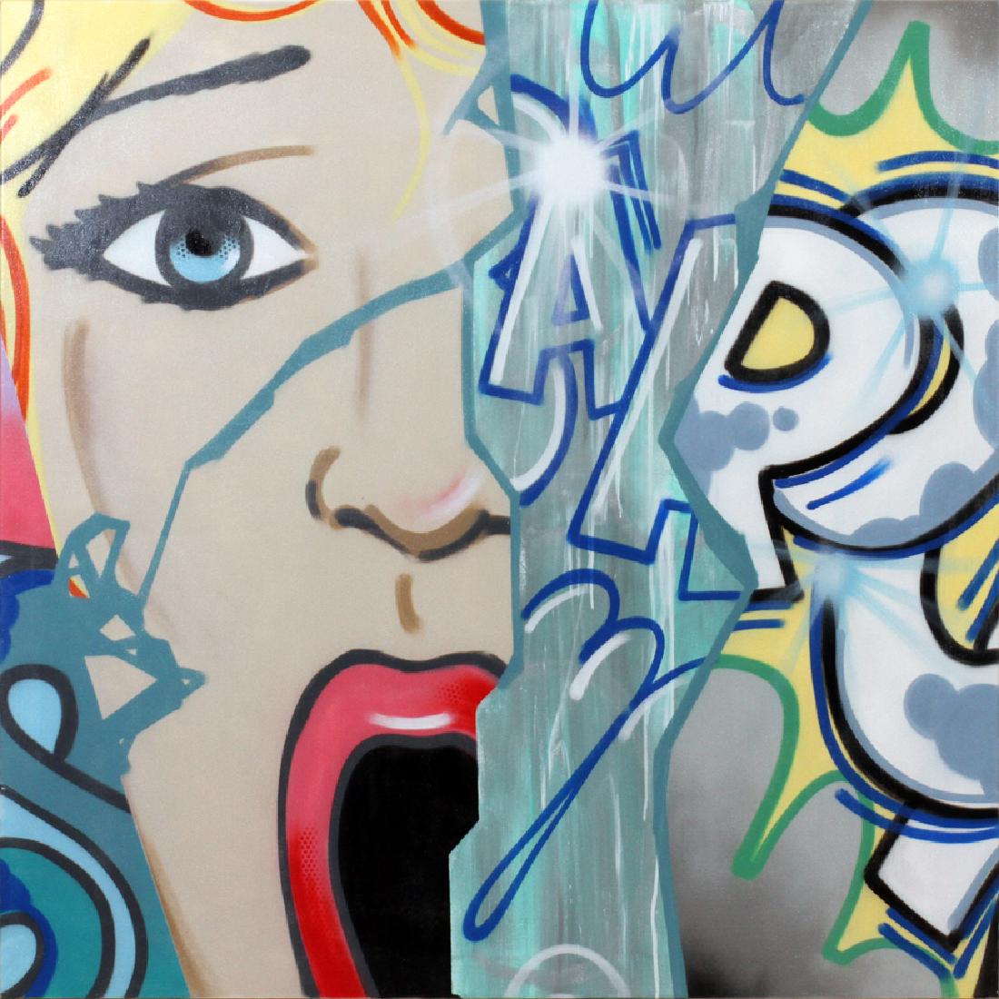 CRASH (JOHN MATOS) ACRYLIC & SPRAY PAINT ON CANVAS: CRASH (JOHN MATOS), (AMERICAN B. 1961), ACRYLIC & SPRAY PAINT ON CANVAS, 1991, H 70", W 70", "SHEDDING OF LIGHT" :Signed on verso and titled "Shedding of Light", dated 7/91.