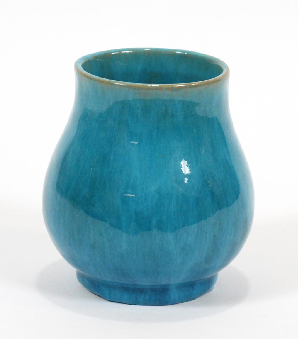 ELLA PETERS, PEWABIC POTTERY VASE: ELLA PETERS, PEWABIC POTTERY VASE, H 4.5", DIA 3.75":A semi-antique Pewabic Pottery vase by Ella Peters (1901-1997), the secretary of Mary Chase Stratton. Having a cerulean tone glaze. Initialed "E.P.