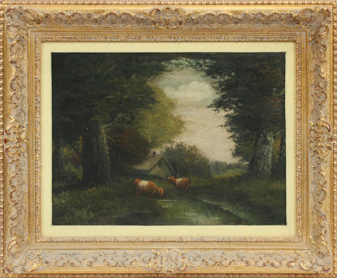EDMUND AYLBURTON WILLIS OIL ON CANVAS: EDMUND AYLBURTON WILLIS (AMERICAN, 1808-1899), OIL ON CANVAS, H 12", W 16", "COWS IN A LANDSCAPE" :An oil on canvas landscape painting depicting cows in a field among trees; signed lower left. Framed.