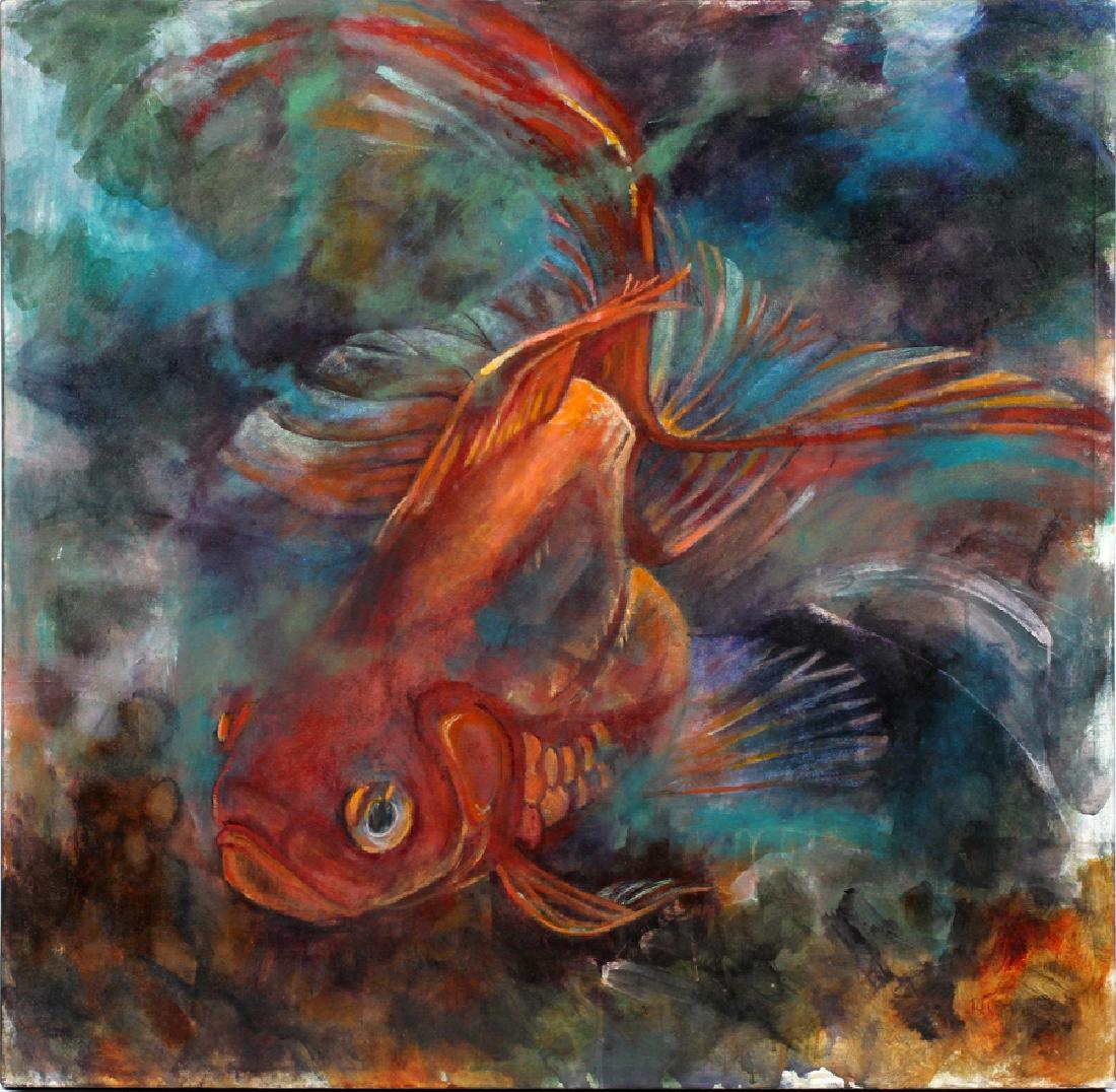 DIANN BENOIT JAMEYFIELD OIL ON CANVAS KOI FISH: DIANN BENOIT JAMEYFIELD (CONTEMPORARY MI ARTIST), OIL ON CANVAS, H 40", W 42", KOI FISH :An unframed oil on canvas depicting an orange koi fish. Signed lower right. Actual measurements are 40" tall by