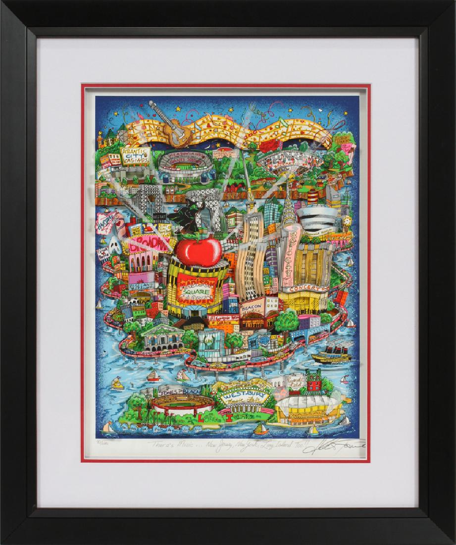 CHARLES FAZZINO, 3-D SERIGRAPH: CHARLES FAZZINO, 3-D SERIGRAPH, H 19 1/2", W 15", "THERE'S MUSIC, NEW JERSEY, NEW YORK, LONG ISLAND TOO" :Frame 31" x 25 1/2". Numbered 90/200. Hand signed.