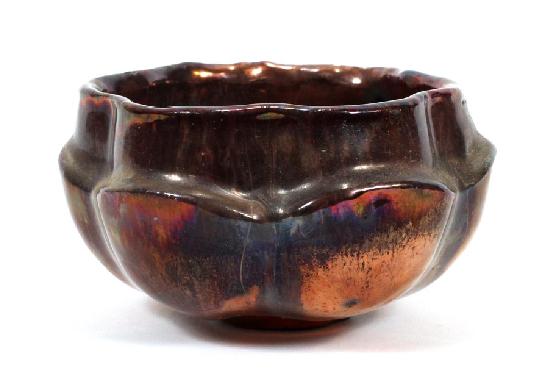 PEWABIC LUSTER POTTERY BOWL, H 2.5", DIA 4.5": PEWABIC LUSTER POTTERY BOWL, H 2.5", DIA 4.5":An early Pewabic Pottery bowl. Having a luster glaze boasting copper, sage green and lavender tones. Marked to the underside. From the collection of Kathl