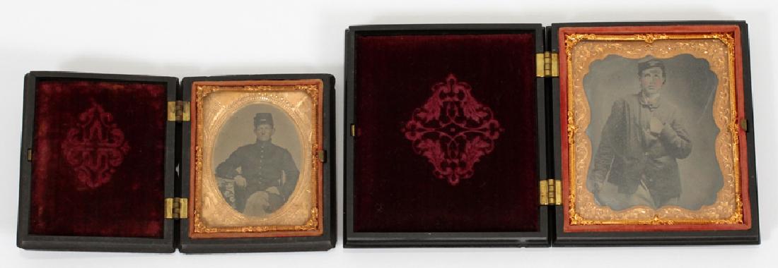 TWO CIVIL WAR GUTTA PERCHA C. 1865: TWO CIVIL WAR GUTTA PERCHA, METAL, AMBROTYPE AND TINTYPE C. 1865 H 4" W 4":Ambrotype and tintype cased in gutta percha cases with gilded frames faced with maroon velvet. Ambrotype depicts a Union Army