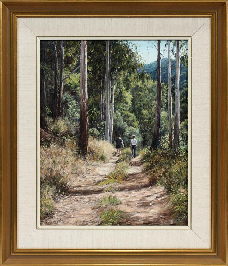 JUNE MADDEN OIL ON BOARD, 1989: JUNE MADDEN (AUSTRALIAN), OIL ON BOARD, 1989, H 18", W 24", "COMINGS & GOINGS IN COLLINS STREET, VICTORIA" :Signed and dated lower right; framed, 25" x 32". Purchased from the artist at Ferncourt Gall