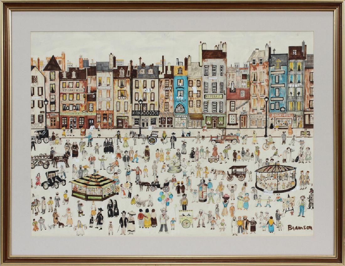 LEO ALLAN BRAMSON, AUSTRALIAN WATERCOLOR, MODERN: LEO ALLAN BRAMSON, AUSTRALIAN WATERCOLOR, MODERN, SIGHT: H 21", W 29", "FRENCH SCENE" :Depicts a multitude of figures; signed lower right; framed, 27" x 35". Provenance: Rotary Club of KEW (see photo 