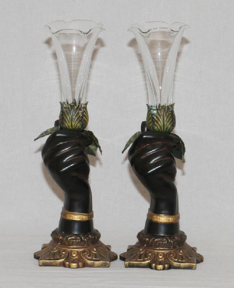 NUBIAN STYLE, GILT METAL TRUMPET HAND VASES: NUBIAN STYLE, GILT METAL TRUMPET HAND VASES H 11" :A pair of gilt metal trumpet hand vases. Depicts a Nubian style. From the Estate of Wallace D.Riley, Grosse Pointe Farms.