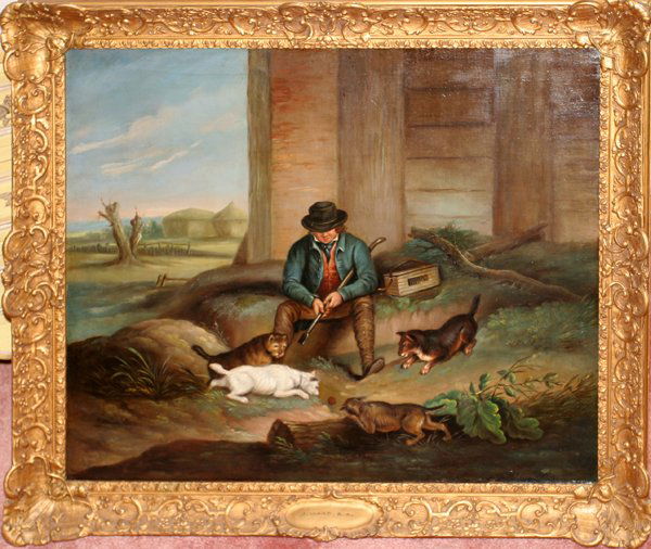 J. WARD OIL ON CANVAS, ENGLISH COUNTRYMEN: J. WARD, BRITISH OIL ON CANVAS, 19TH C., 25" X 30", DEPICTS ENGLISH COUNTRYMEN WITH DOGS:James Ward, Royal Academy artist, signed lower left. English countrymen seated along roadside with their dogs,