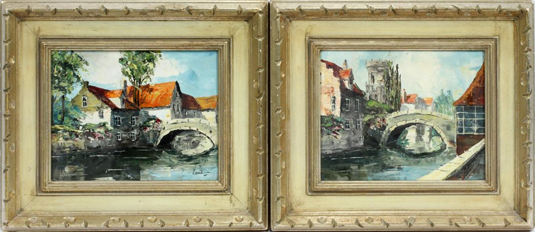 BERNARD LAARHOVEN, NETHERLANDS 1912, OIL ON CANVAS, 2: BERNARD LAARHOVEN, NETHERLANDS 1912, OIL ON CANVAS, 2, H 7 1/2", W 9 1/2", CANAL SCENE :Signed lower right and signed lower left, both pieces are framed. Artist born 1912.