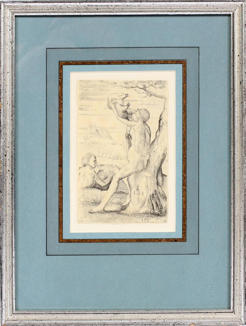 HIERONYMUS HOPFER, OLD MASTER ETCHING: HIERONYMUS HOPFER, OLD MASTER ETCHING AFTER JACOPO DE BARBARI, H 5 3/8'', W 3 3/8'', "THE TWO SATYRS" :The date that this print was pulled is unknown; monogram plus a symbol above; frame, H 12'' x W 9