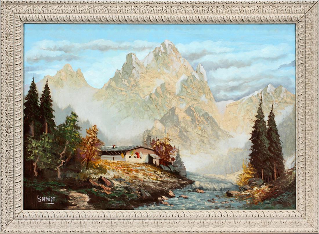 F. SCHMIDT, OIL ON CANVAS, C. 1960 ALPINE LANDSCAPE: F. SCHMIDT, OIL ON CANVAS, C. 1960 H 24", W 34", ALPINE LANDSCAPE :Frame 29 1/2" x 40 1/2". Signed