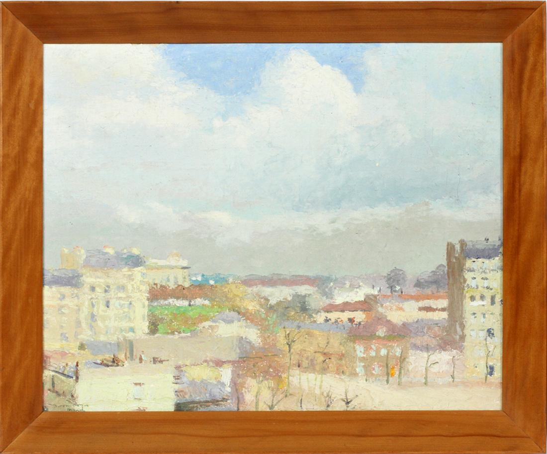 BIRON ROGER, OIL ON MASONITE H 13", W 16", PARIS VIEW: BIRON ROGER, OIL ON MASONITE H 13", W 16", PARIS VIEW :Signed. Title on reverse: "Pallid, wet sunshine". Cherry frame. American, 20th.c. Frame size 15" x 18".