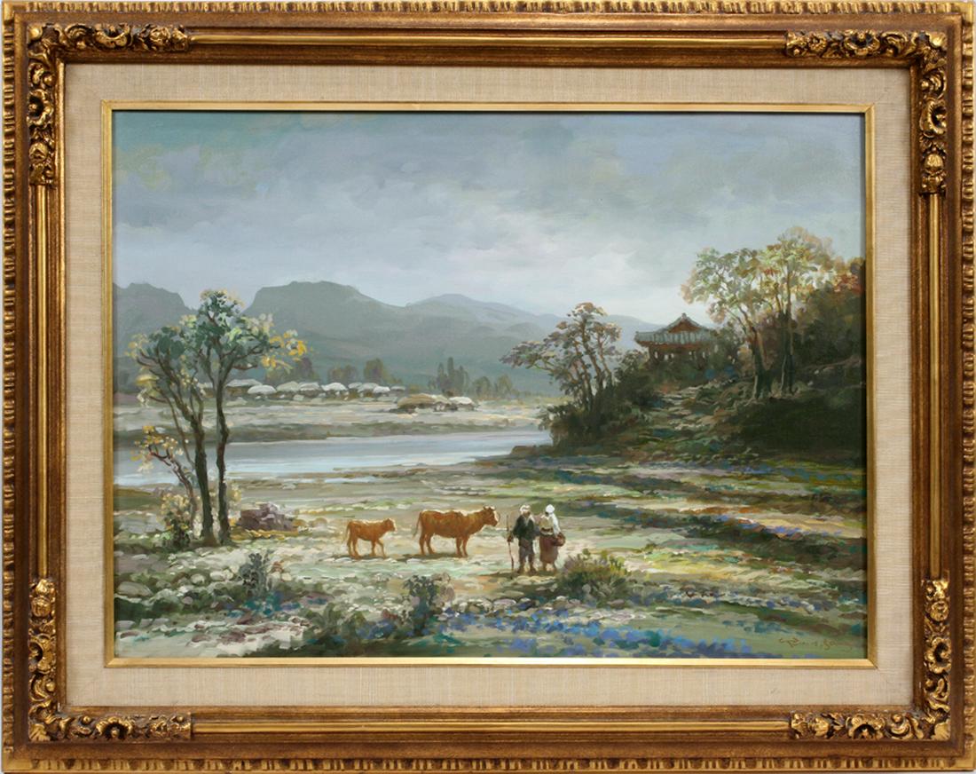 TARNIS SANG, OIL ON CANVAS, PASTORAL SCENE: TARNIS SANG, OIL ON CANVAS, H 20 1/4", W 28", PASTORAL SCENE :Signed lower right and framed.